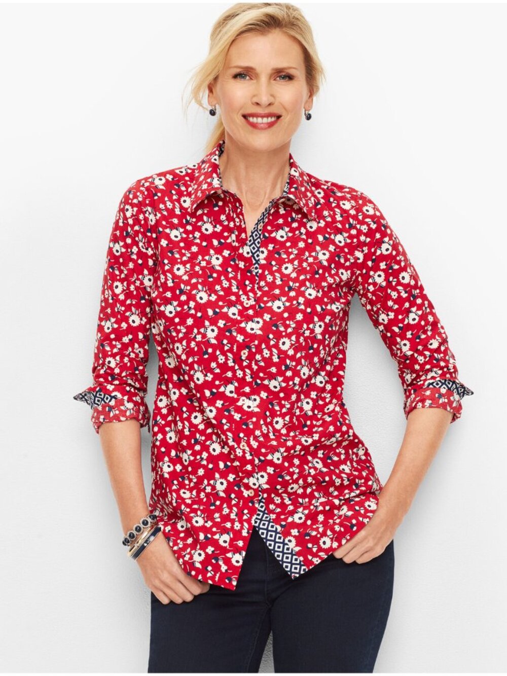 TALBOTS Classic Cotton Shirt Scarlet Red Floral Size 1X